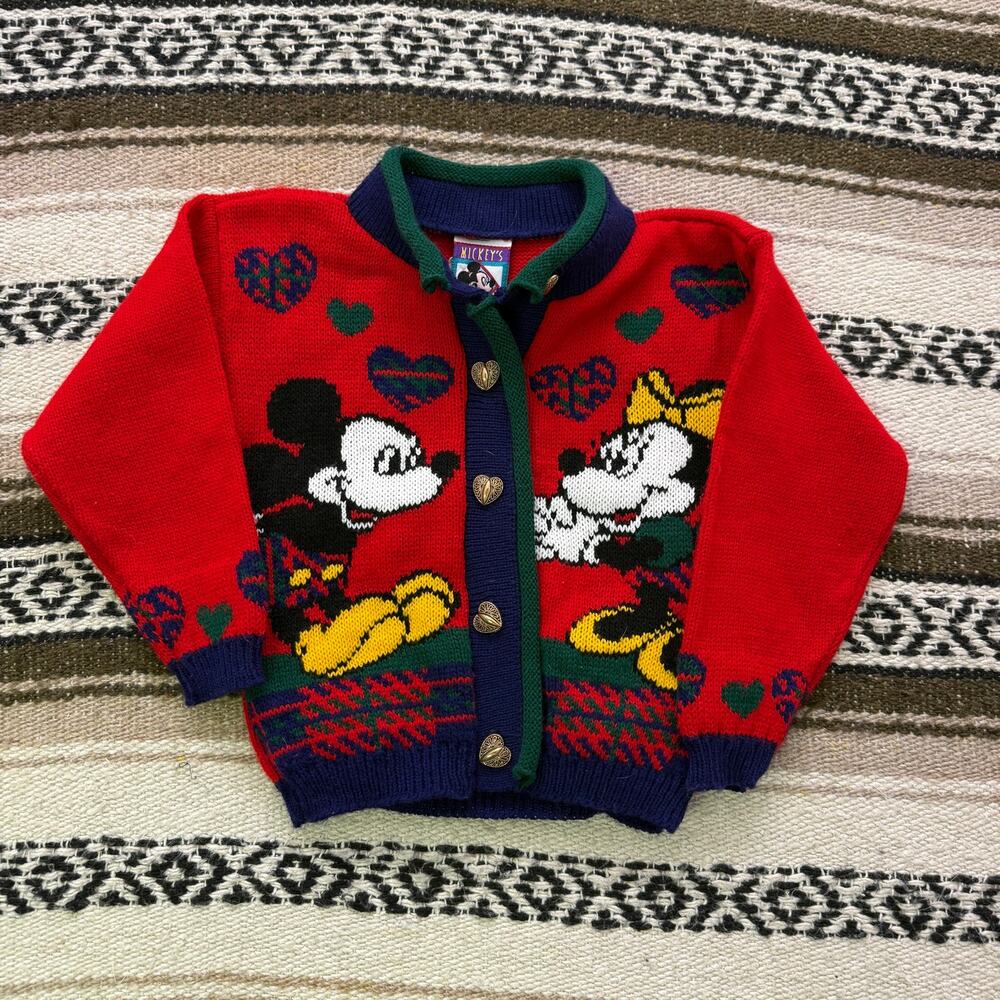 Baby Toddlers Vintage 90's Mickey Minnie Mouse Red Knit Cardigan Sweater Sz 3T
